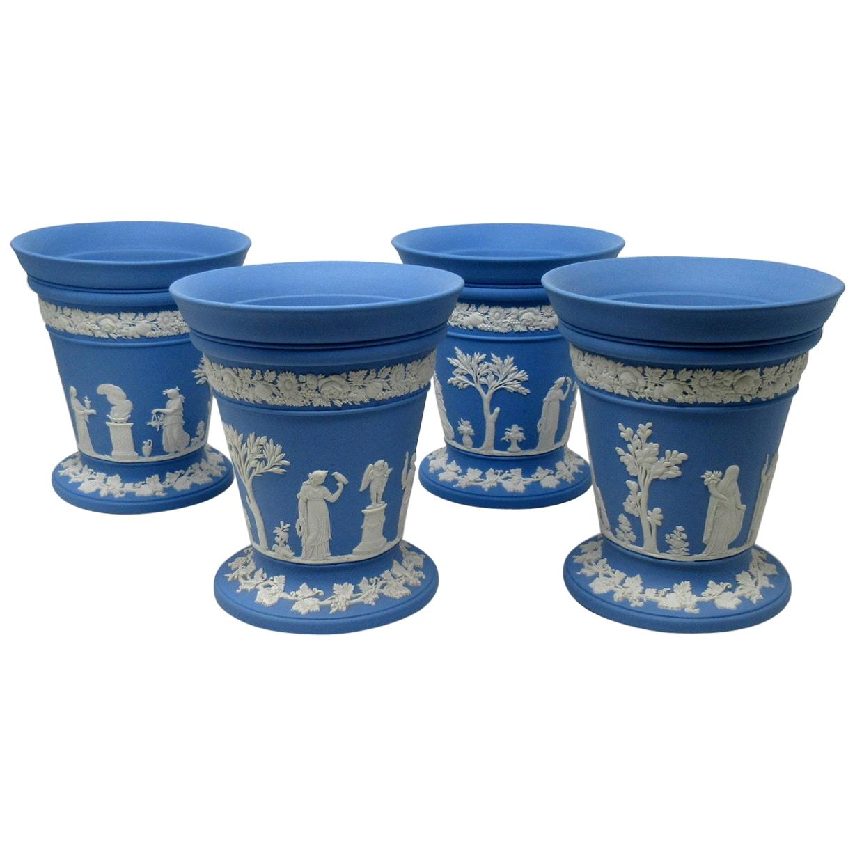 Antique Blue Wedgwood Jasper Ware Vases Urns Mythological Classical Scenes Set 4