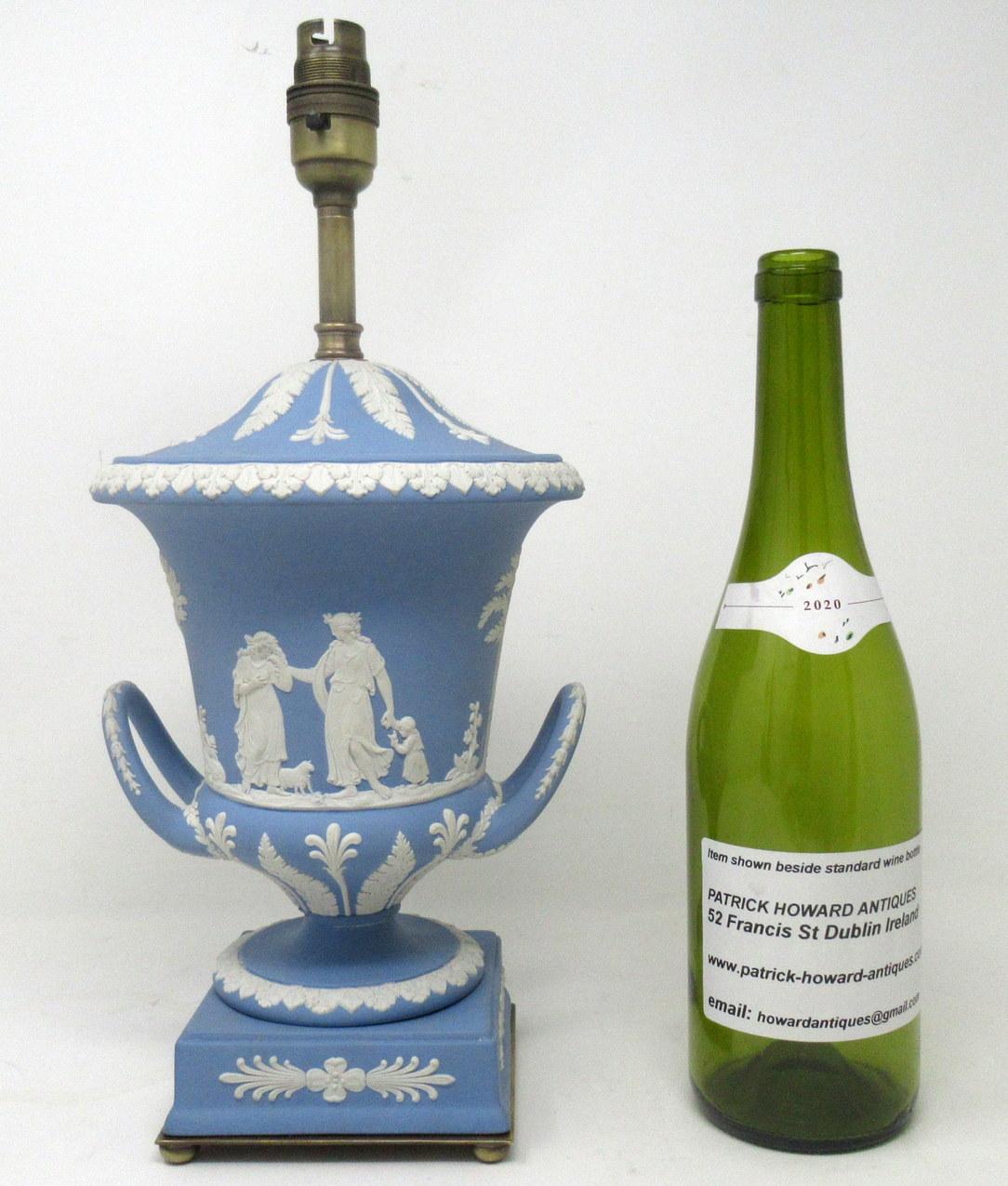 Antique Blue Wedgwood Jasperware Ceramic Porcelain Lamp Urn Vase Centerpiece 4