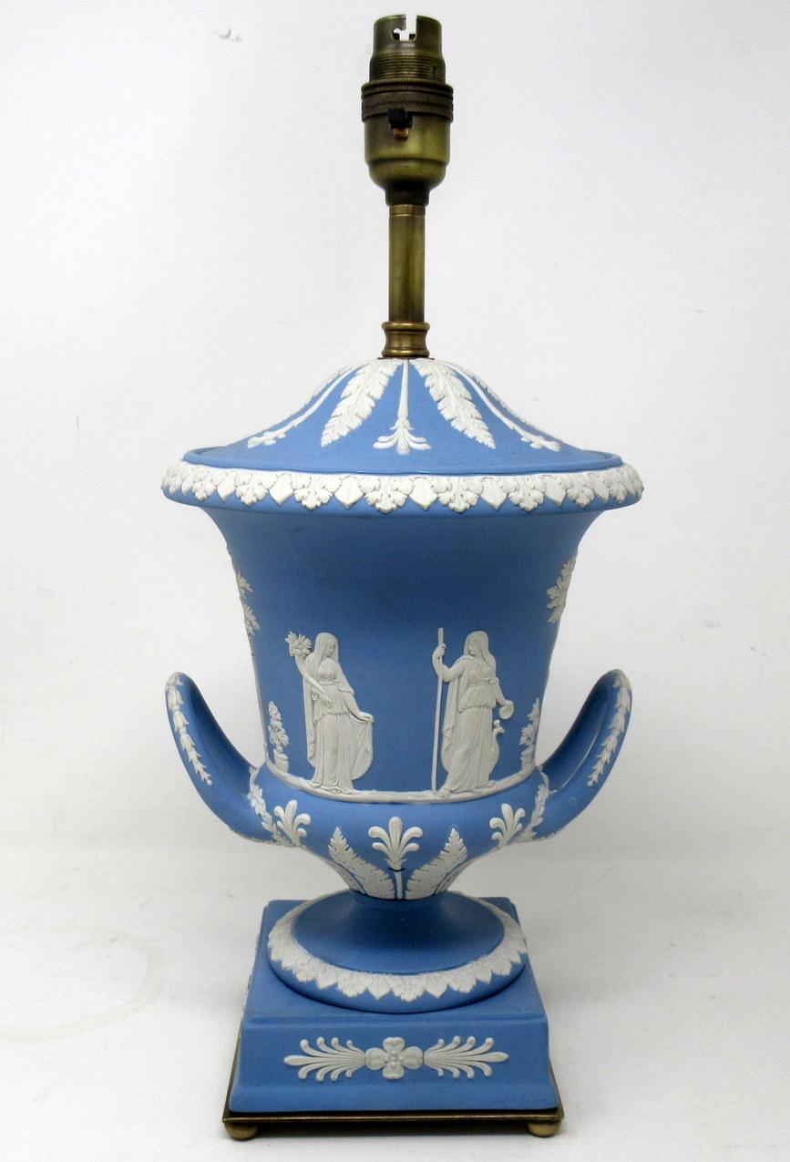 Mid-Century Modern Antique Blue Wedgwood Jasperware Ceramic Porcelain Lamp Urn Vase Centerpiece