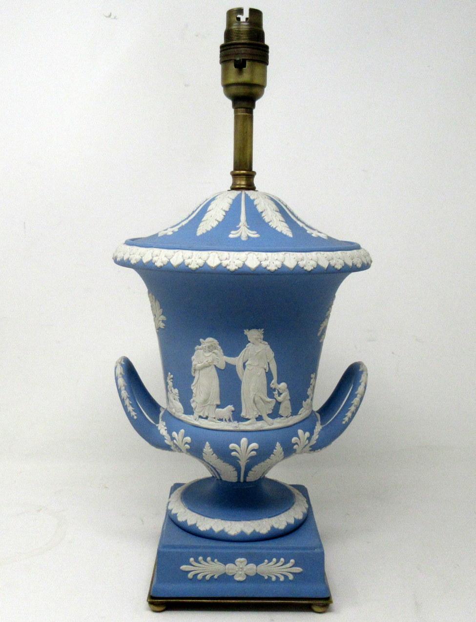 English Antique Blue Wedgwood Jasperware Ceramic Porcelain Lamp Urn Vase Centerpiece