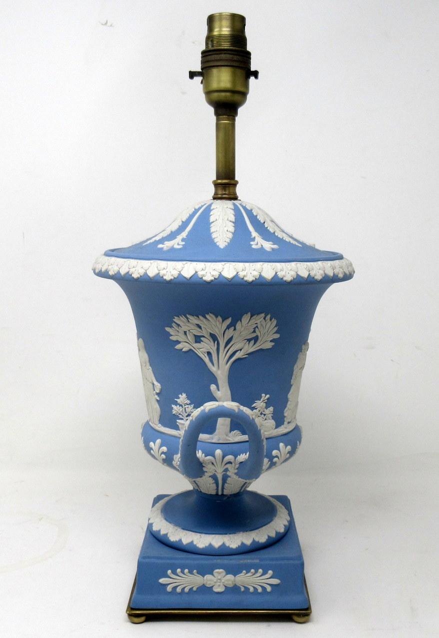 Antique Blue Wedgwood Jasperware Ceramic Porcelain Lamp Urn Vase Centerpiece In Good Condition In Dublin, Ireland