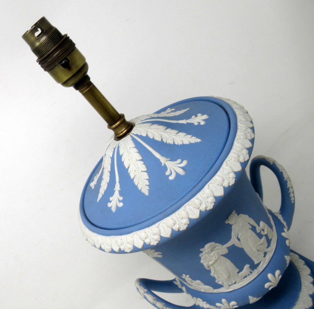Antique Blue Wedgwood Jasperware Ceramic Porcelain Lamp Urn Vase Centerpiece 2