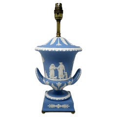 Antique Blue Wedgwood Jasperware Ceramic Porcelain Lamp Urn Vase Centerpiece