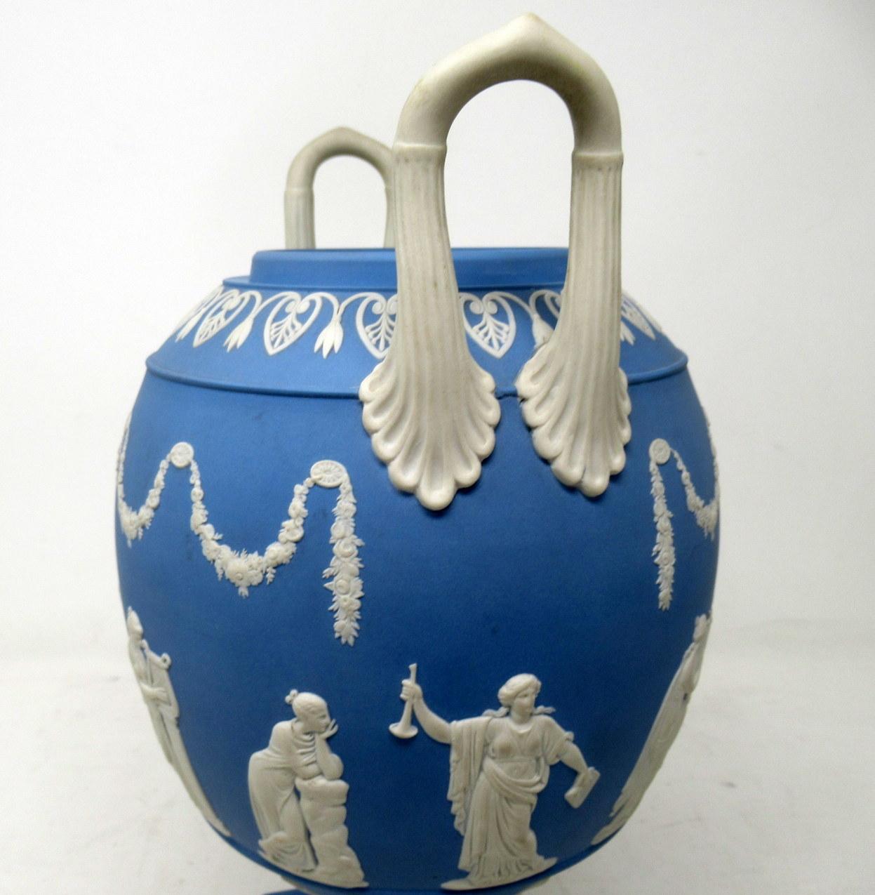 Antique Blue Wedgwood Jasperware Ceramic Urn Vase After John Flaxman Cherubs 2