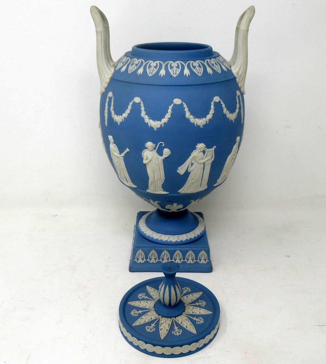 English Antique Blue Wedgwood Jasperware Ceramic Urn Vase After John Flaxman Cherubs