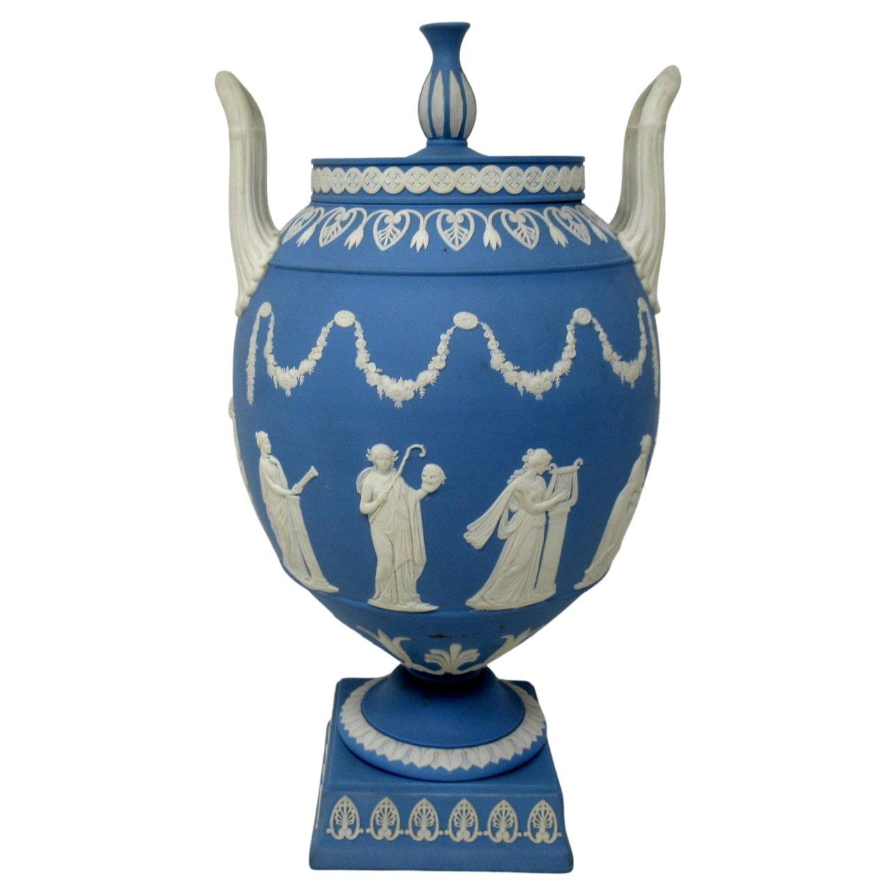 Antique Blue Wedgwood Jasperware Ceramic Urn Vase After John Flaxman Cherubs