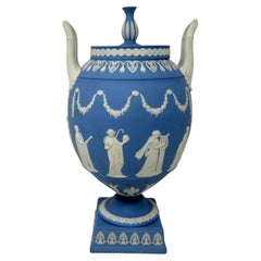 Retro Blue Wedgwood Jasperware Ceramic Urn Vase After John Flaxman Cherubs