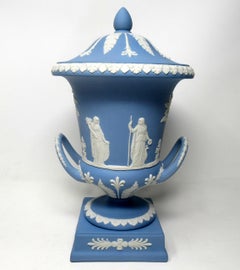 Antique Blue Wedgwood Jasperware Ceramic Urn Vase Mythological Classical Scenes
