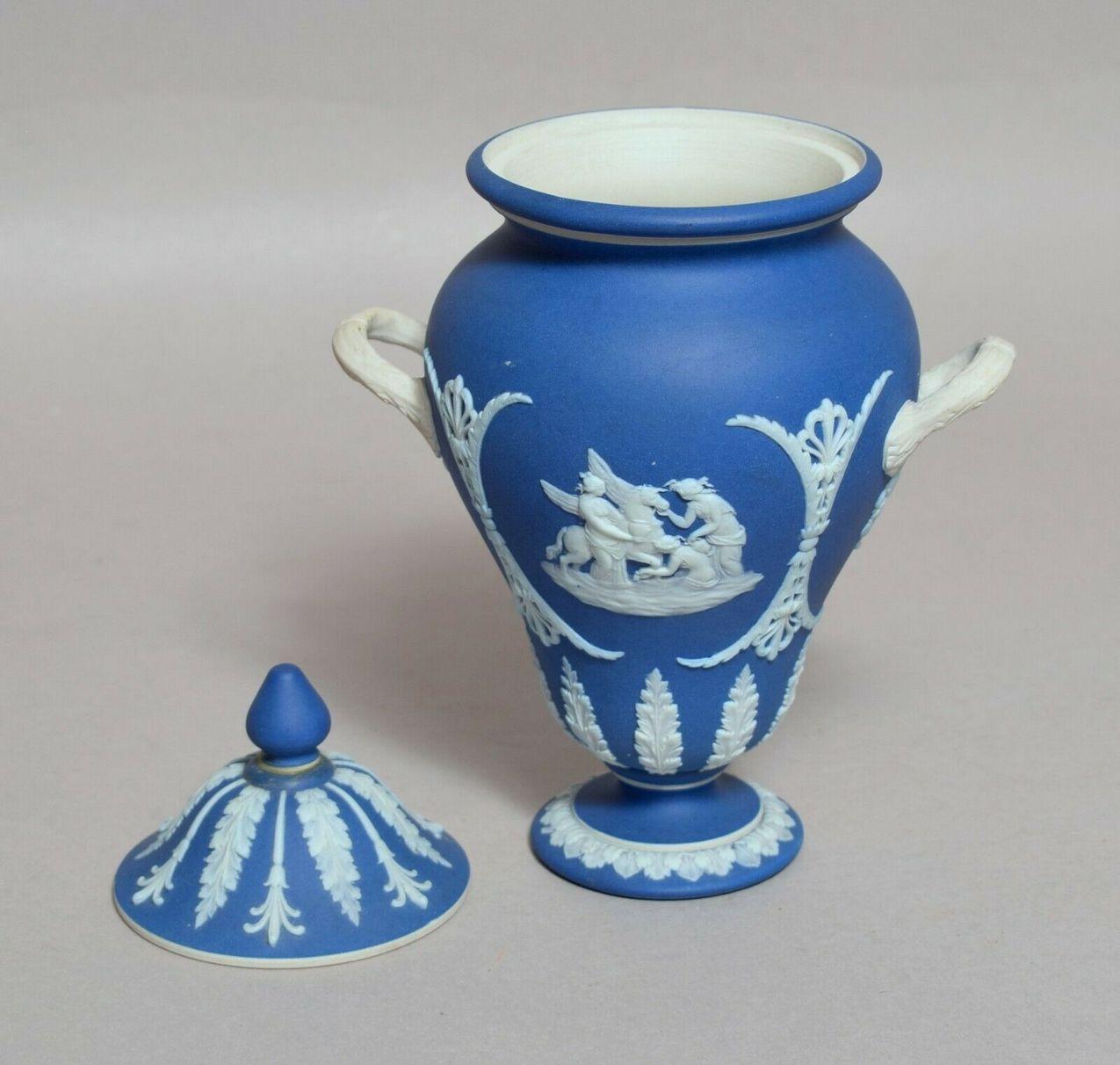 Neoclassical Antique Blue Wedgwood Jasperware Ceramic Urn Vase Mythological Classical Scenes