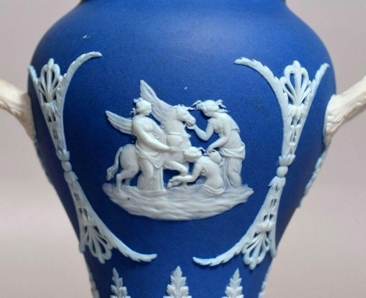 English Antique Blue Wedgwood Jasperware Ceramic Urn Vase Mythological Classical Scenes