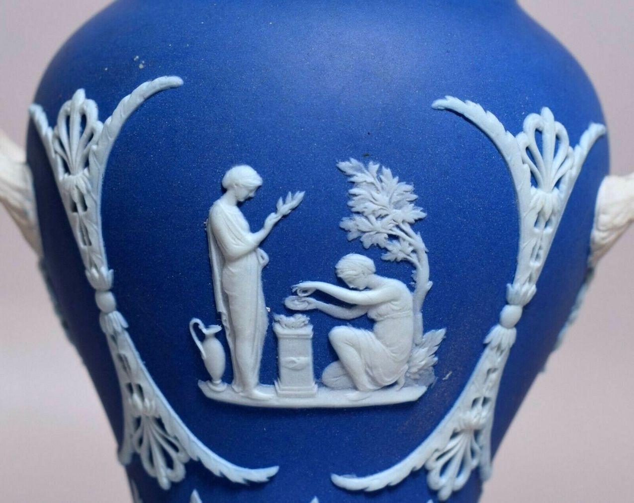 Hand-Painted Antique Blue Wedgwood Jasperware Ceramic Urn Vase Mythological Classical Scenes
