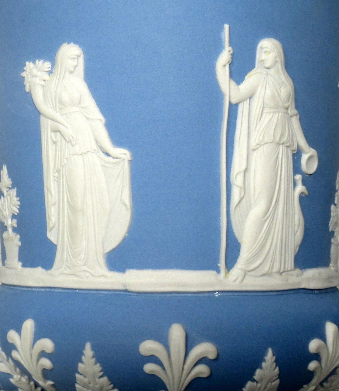 Hand-Painted Antique Blue Wedgwood Jasperware Ceramic Urn Vase Mythological Classical Scenes