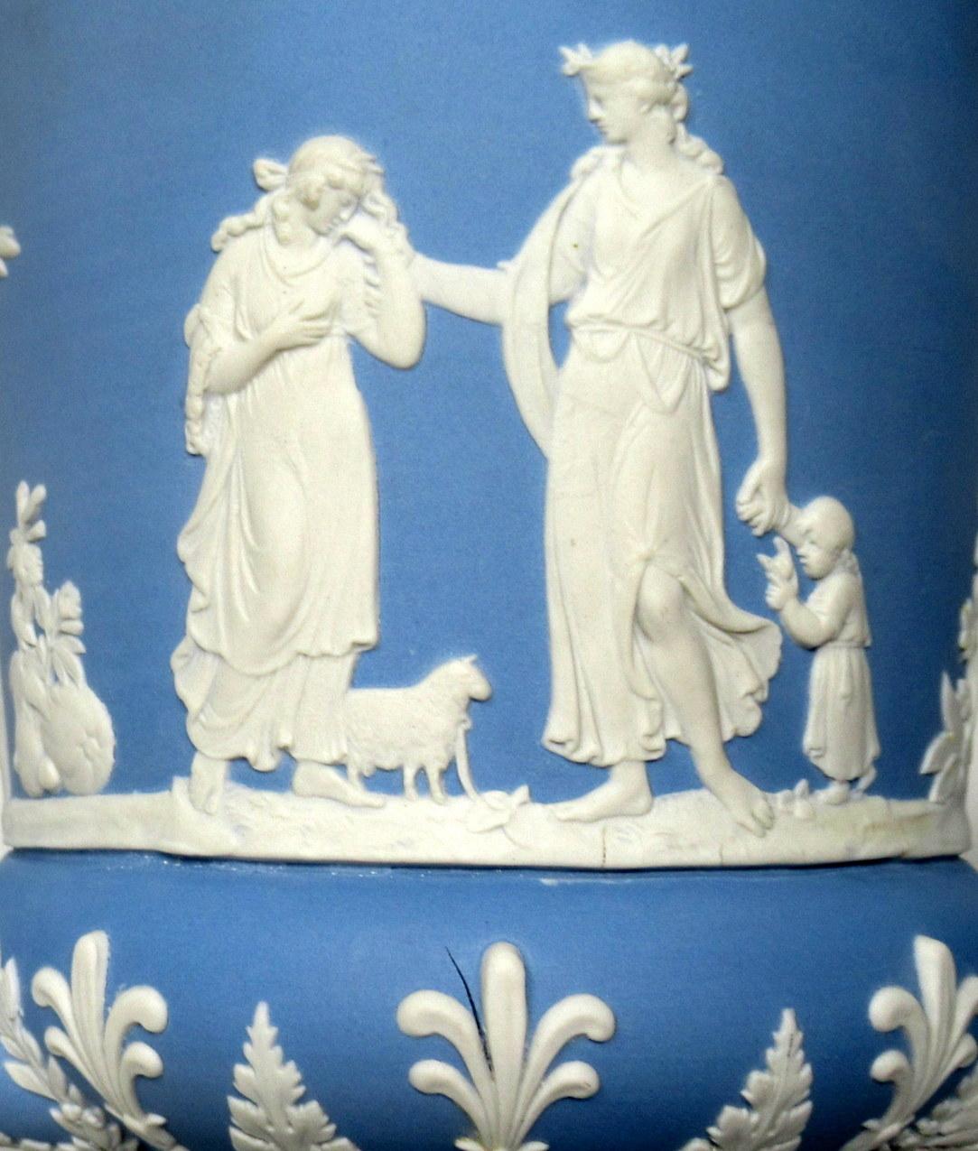 Antique Blue Wedgwood Jasperware Ceramic Urn Vase Mythological Classical Scenes In Good Condition In Dublin, Ireland