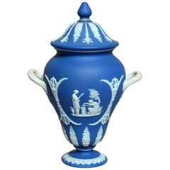 Antique Blue Wedgwood Jasperware Ceramic Urn Vase Mythological Classical Scenes