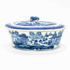 Antique Blue & White Canton Chinese Export Porcelain Butter Dish with Lid