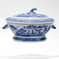 Antique Blue & White Canton Chinese Export Porcelain Miniature Sauce Tureen