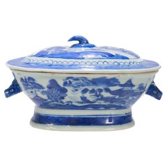 Antique Blue & White Canton Chinese Export Porcelain Miniature Sauce Tureen
