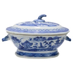 Antique Blue & White Canton Chinese Export Porcelain Miniature Sauce Tureen
