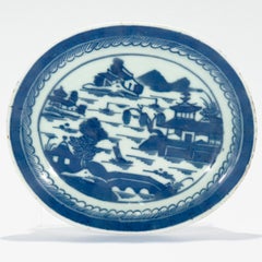 Antique Blue & White Canton Chinese Export Porcelain Oval Plate or Vide Poche