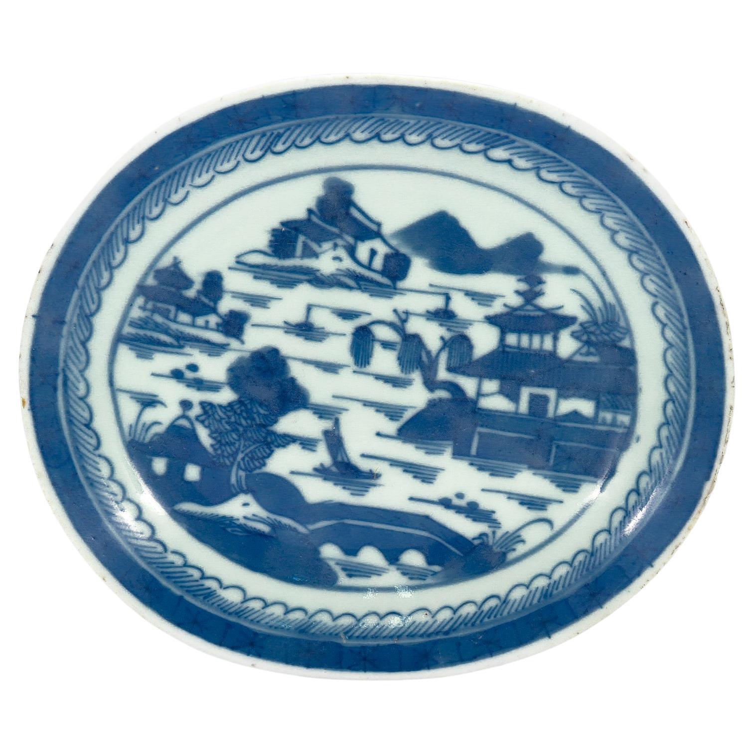 Antique Blue 
White Canton Chinese Export Porcelain Oval Plate or Vide Poche