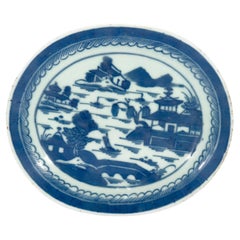 Antique Blue & White Canton Chinese Export Porcelain Oval Plate or Vide Poche
