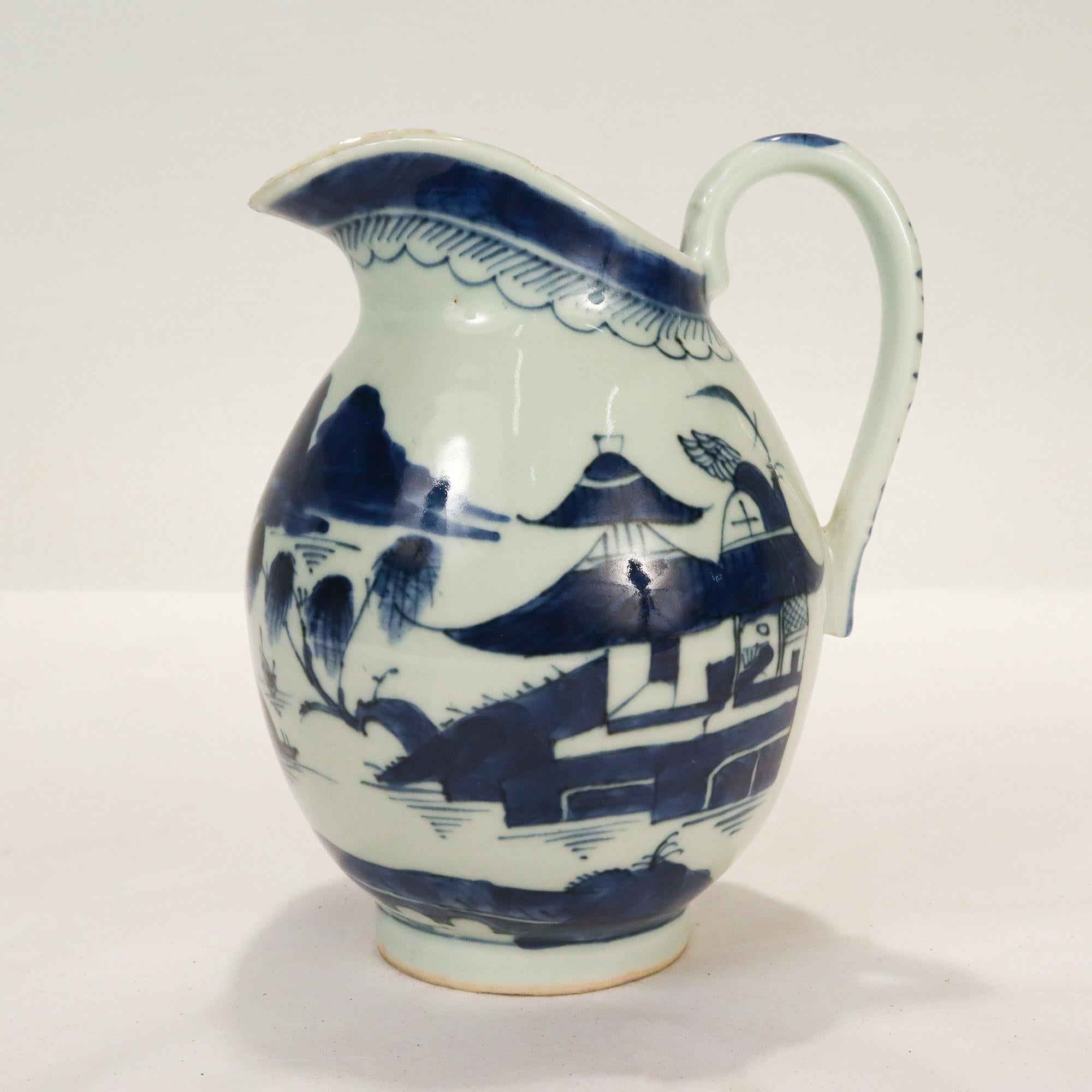 Antique Blue & White Canton Chinese Export Porcelain Pitcher or Jug In Good Condition In Philadelphia, PA