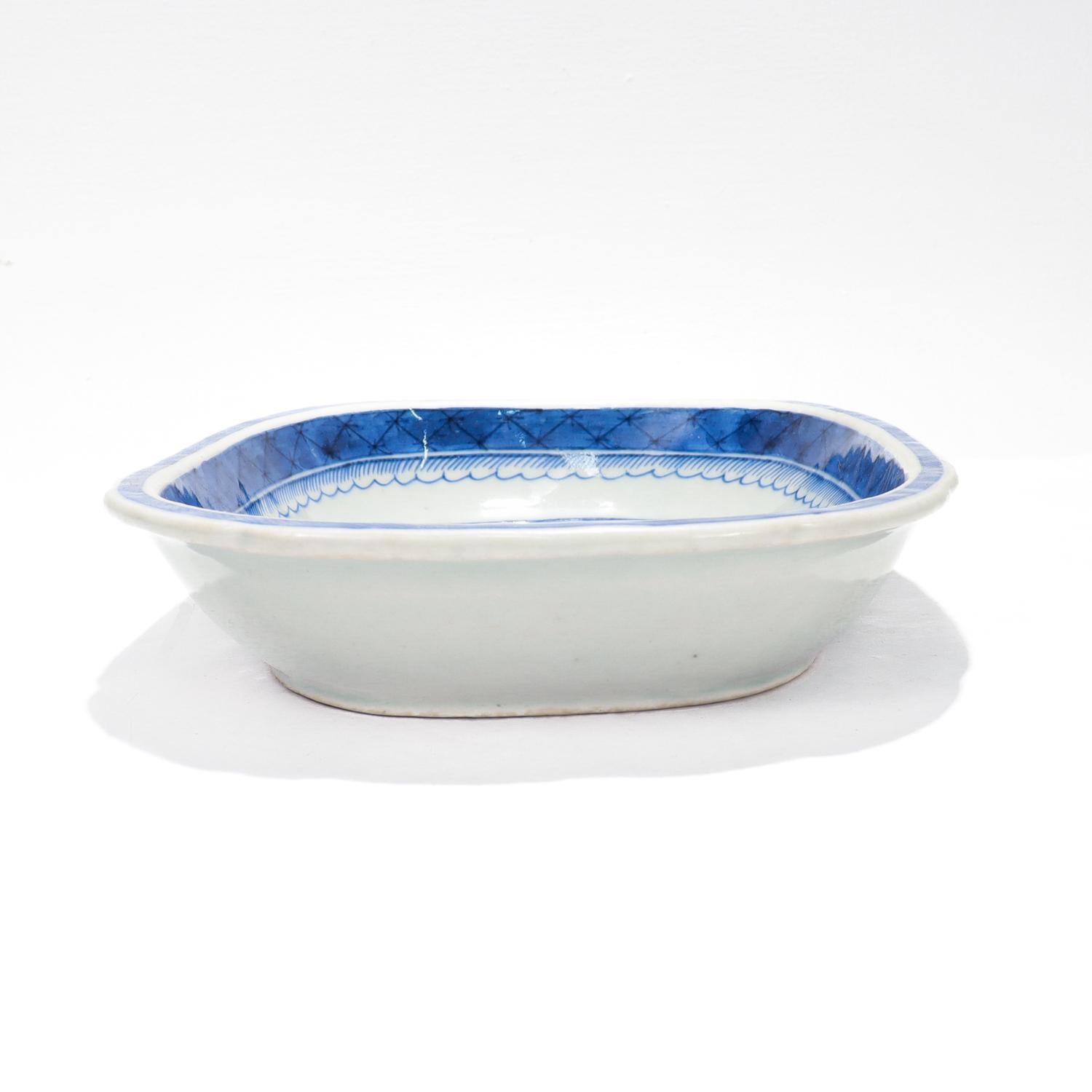 Antique Blue & White Canton Pattern Chinese Export Porcelain Open Vegetable Dish For Sale 7