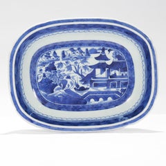 Antique Blue & White Canton Pattern Chinese Export Porcelain Open Vegetable Dish