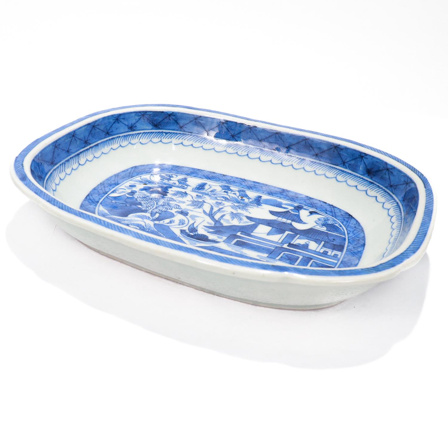 19th Century Antique Blue & White Canton Pattern Chinese Export Porcelain Open Vegetable Dish For Sale
