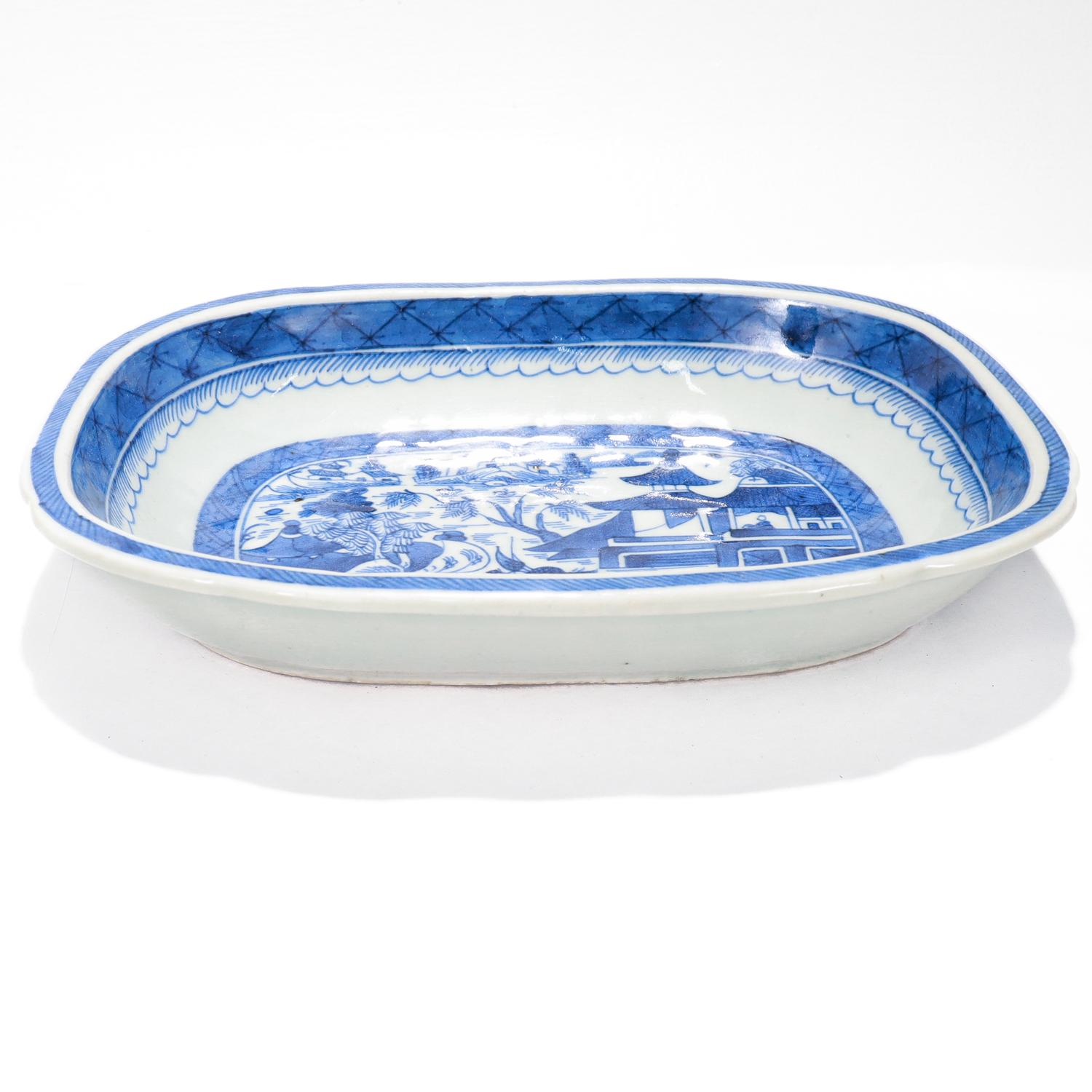 Antique Blue & White Canton Pattern Chinese Export Porcelain Open Vegetable Dish For Sale 1