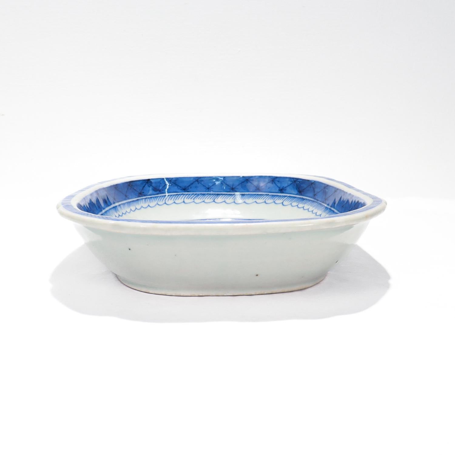 Antique Blue & White Canton Pattern Chinese Export Porcelain Open Vegetable Dish For Sale 5