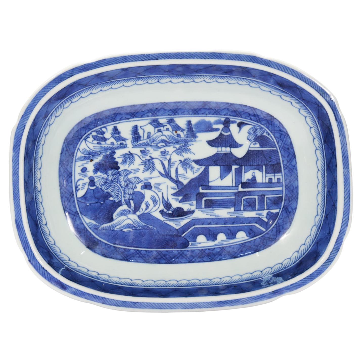 Antique Blue & White Canton Pattern Chinese Export Porcelain Open Vegetable Dish
