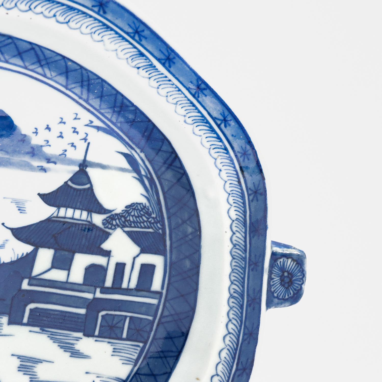 Antique Blue & White Canton Pattern Chinese Export Porcelain Plate Warmer 12