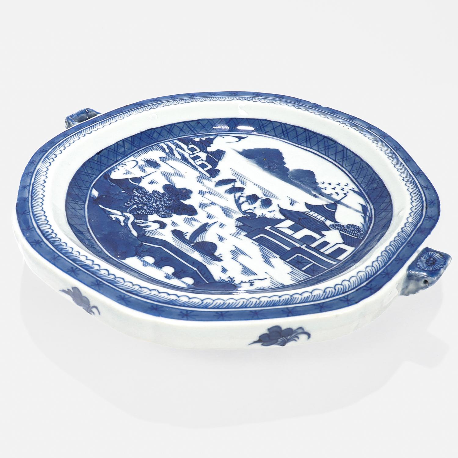 Antique Blue & White Canton Pattern Chinese Export Porcelain Plate Warmer 3