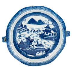 Antique Blue & White Canton Pattern Chinese Export Porcelain Plate Warmer