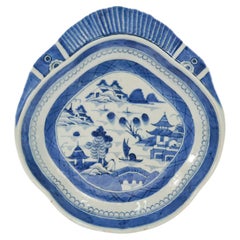 Antique Blue & White Canton Pattern Chinese Export Porcelain Shrimp Bowl