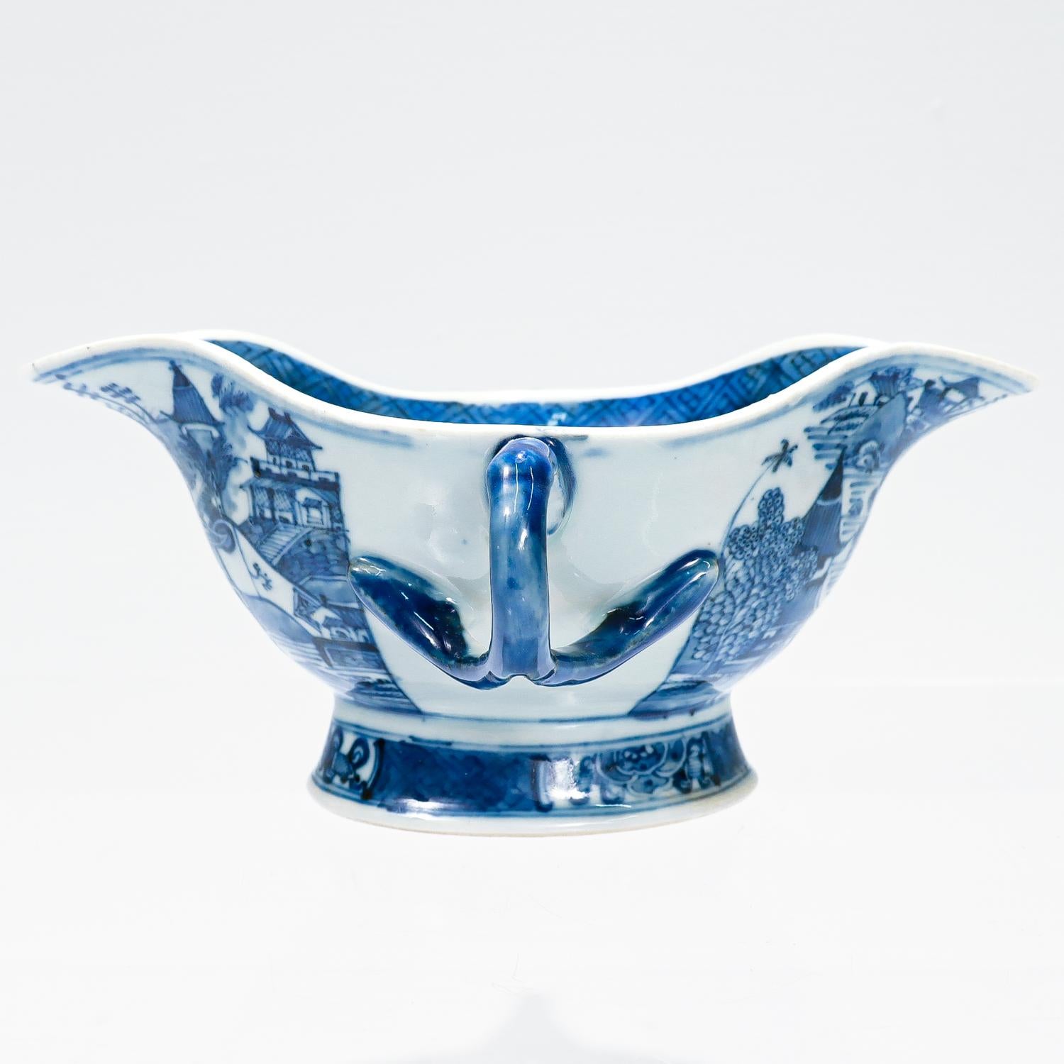 19th Century Antique Blue & White Chinese Export Nanking Porcelain Gravy Boat For Sale