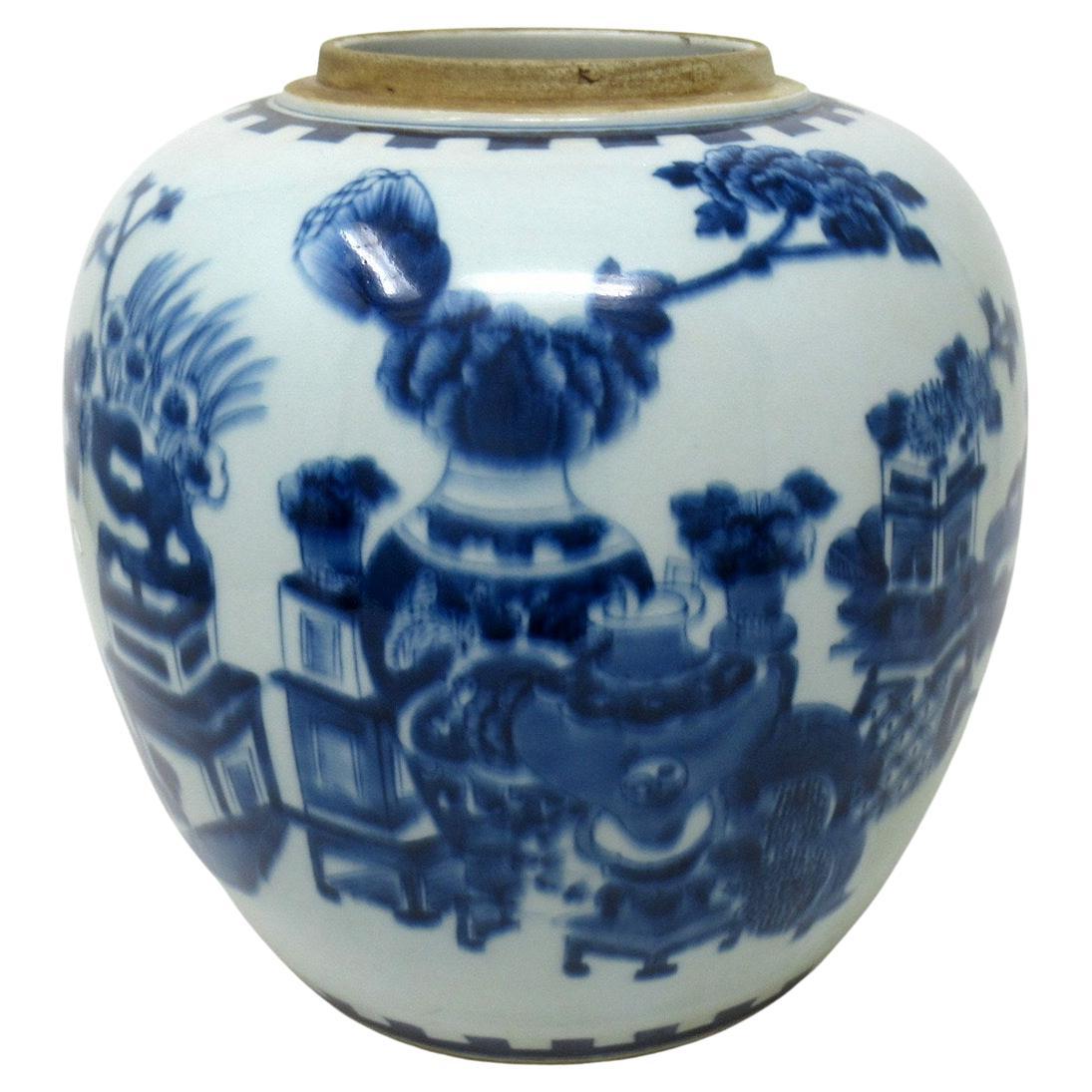 Antique Blue White Chinese Export Porcelain Ginger Jar Vase Urn Qing Dynasty
