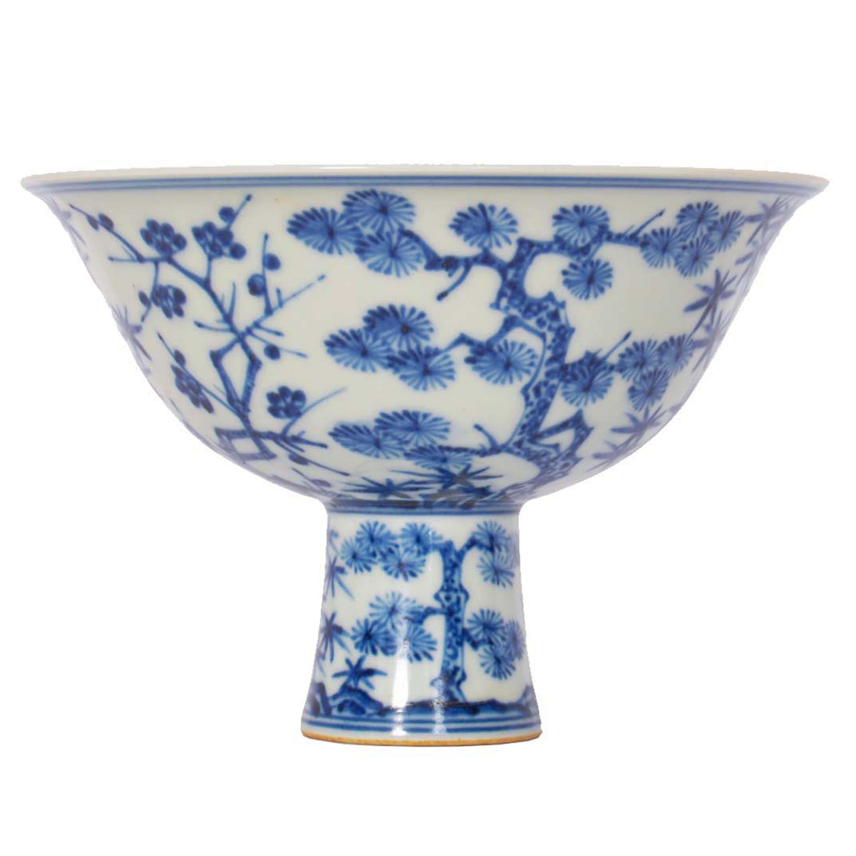 Antique Blue & White Chinese Qing Dynasty Porcelain Stem Cup Bowl Xuande Mark In Good Condition In Portland, OR