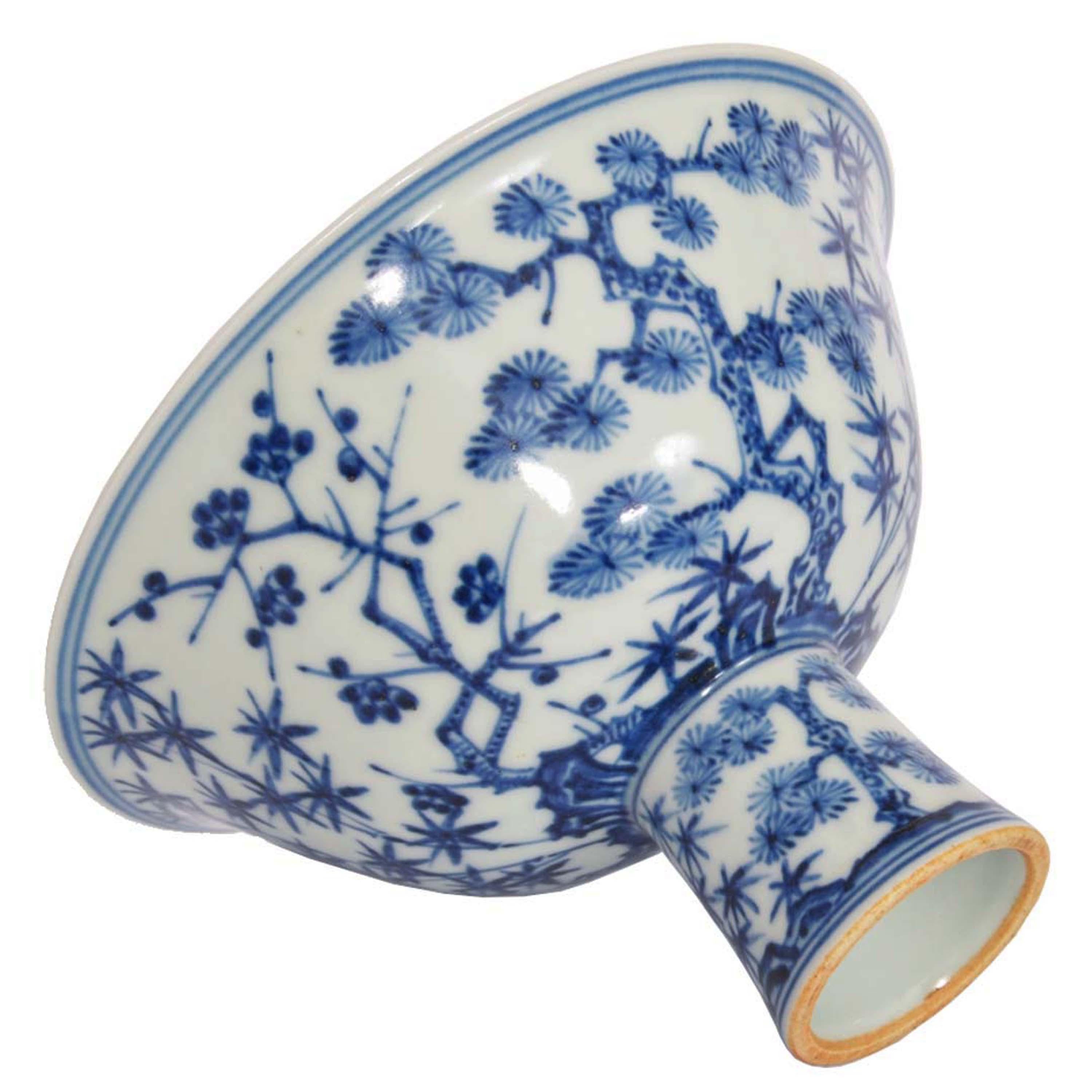 Antique Blue & White Chinese Qing Dynasty Porcelain Stem Cup Bowl Xuande Mark 2