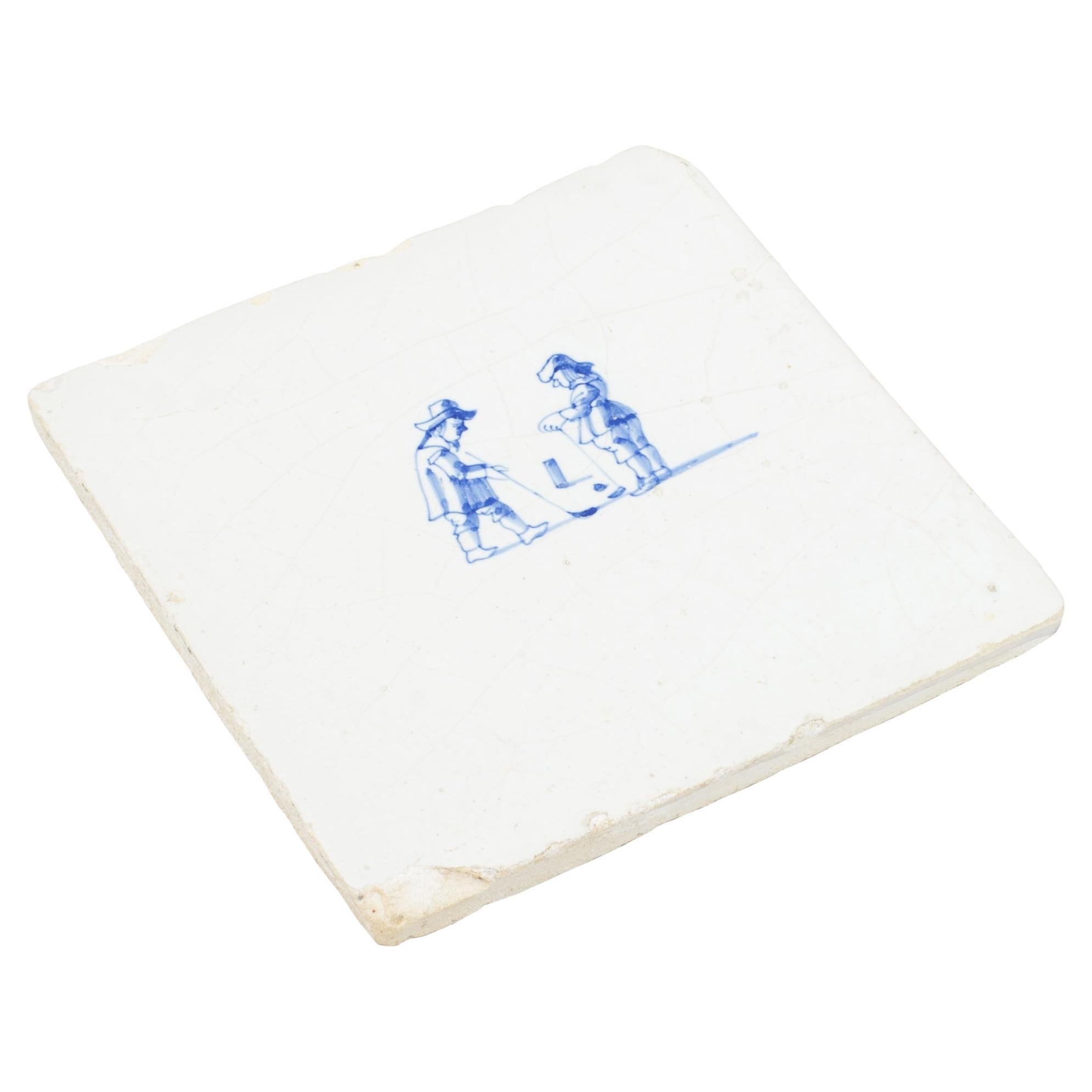 Antique Blue 
White Dutch Delft Golf Tile For Sale