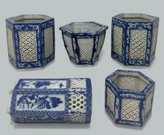 Antique Blue White Export Japanese Chinese Reticulated Hexagonal Porcelain Vases