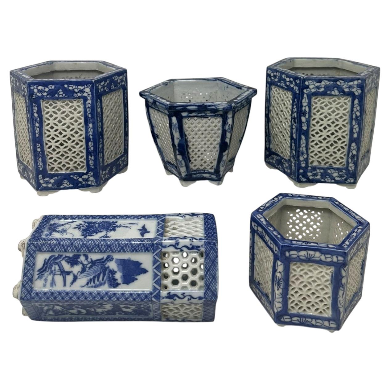 Antique Blue White Export Japanese Chinese Reticulated Hexagonal Porcelain Vases