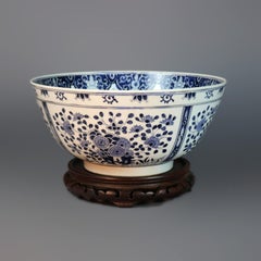Antique Blue and White Japanese Porcelain Bowl with Hardwood Stand, 20th Century