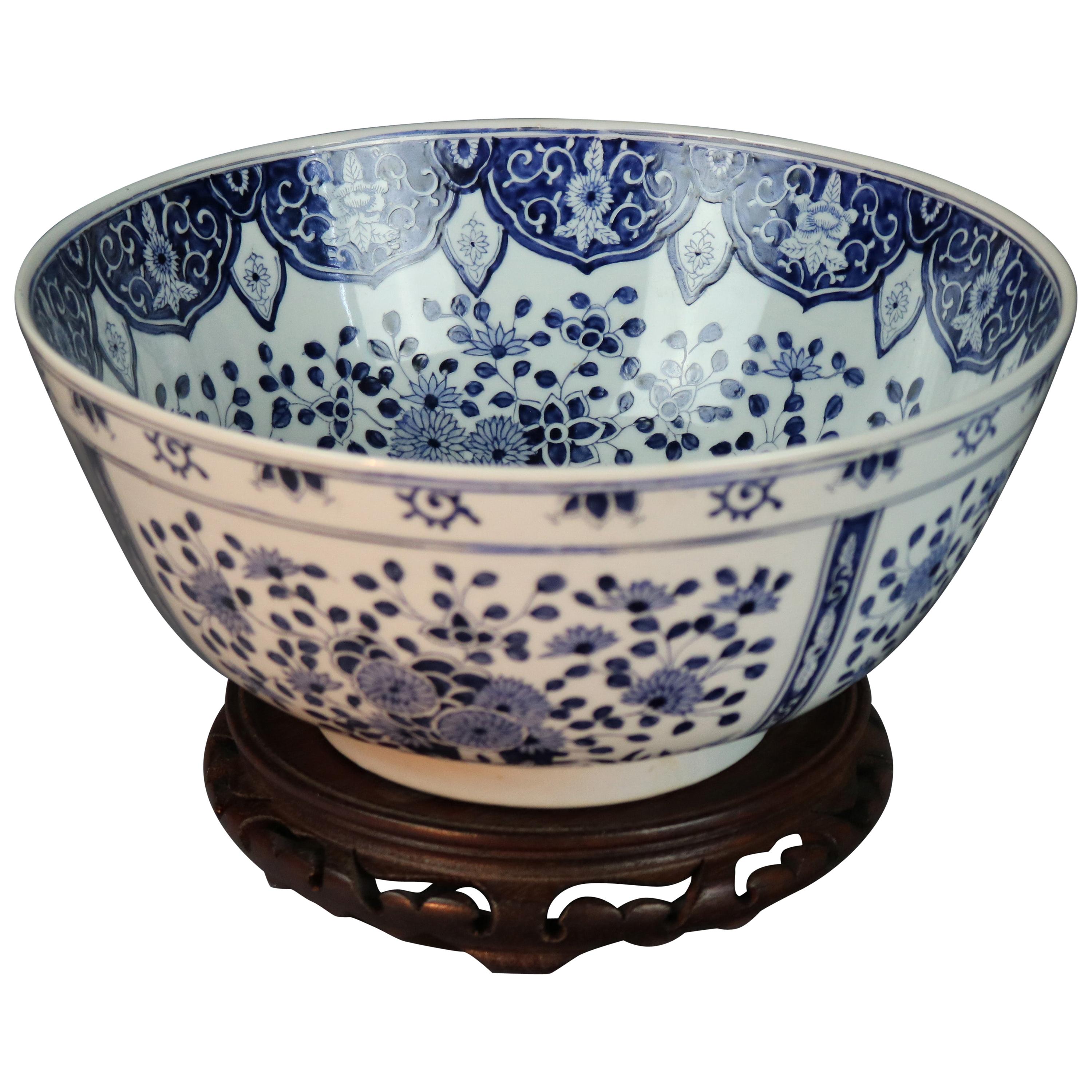 Antique Blue and White Japanese Porcelain Bowl with Hardwood Stand, 20th Century