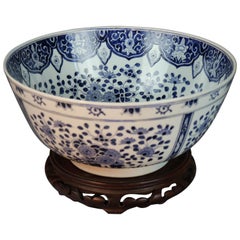 Antique Blue and White Japanese Porcelain Bowl with Hardwood Stand, 20th Century