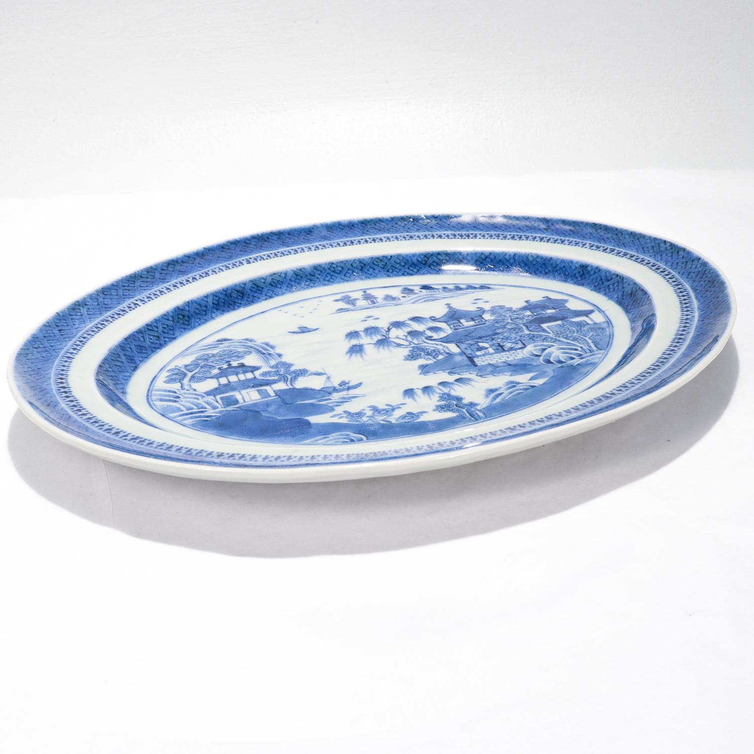 19th Century Antique Blue & White Nanking Pattern Chinese Export Porcelain Serving Tray