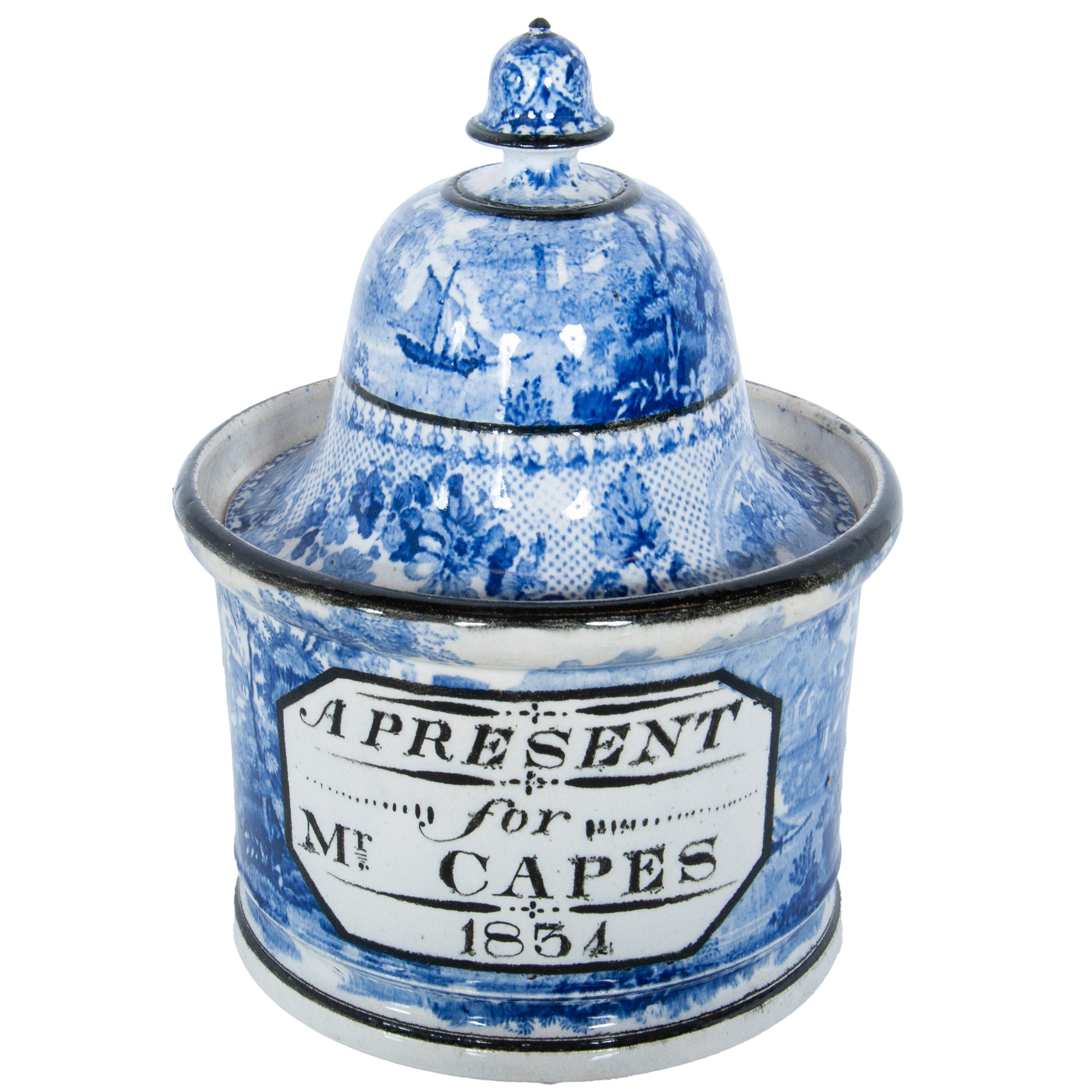 Antique Blue & White Pearlware Pottery Humidor 