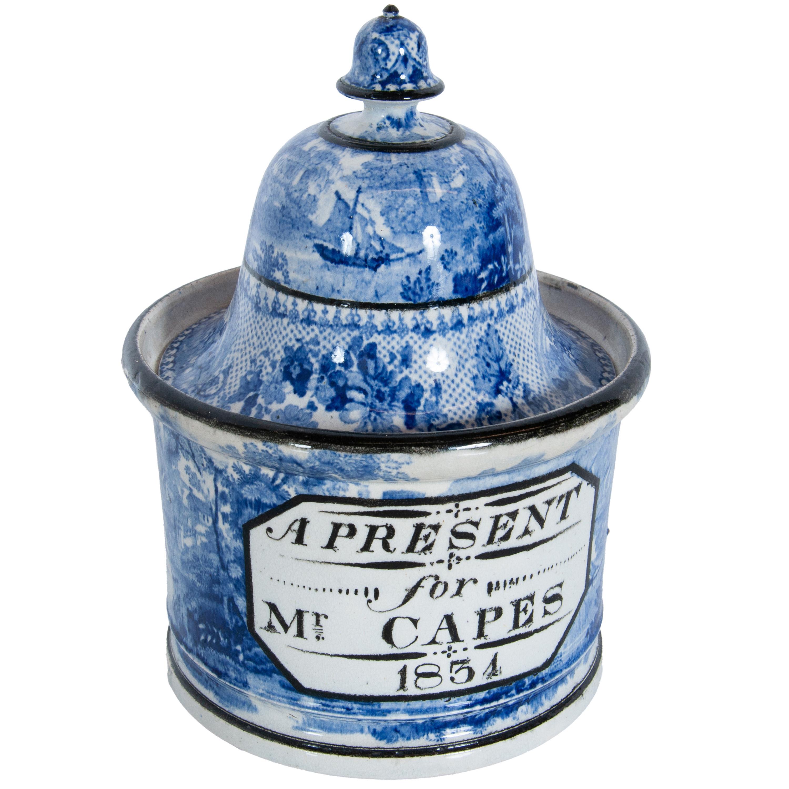 Antique Blue & White Pearlware Pottery Humidor 