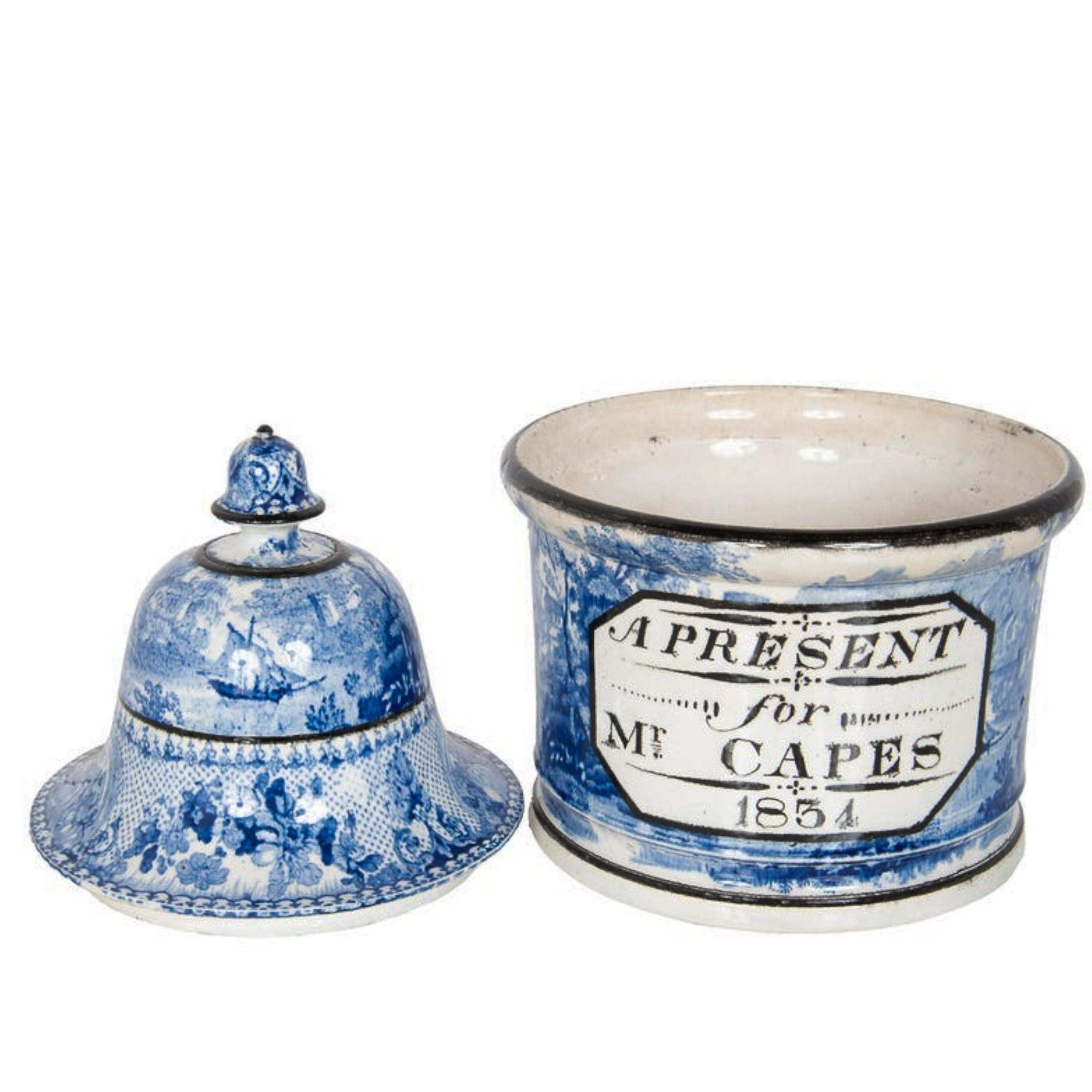 Antique Blue & White Pearlware Pottery Humidor 